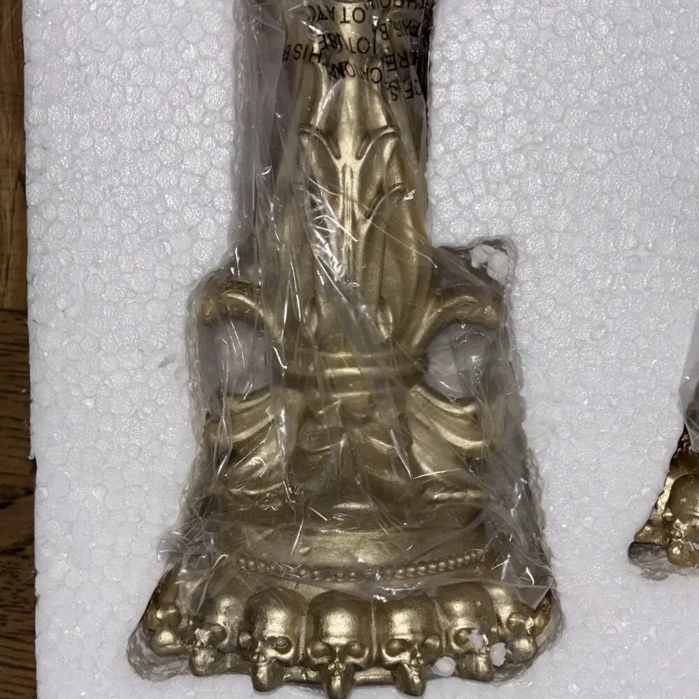 Moonlight Manor LED Lighted Halloween Candle Stick Set w Faces Gold Skull Base